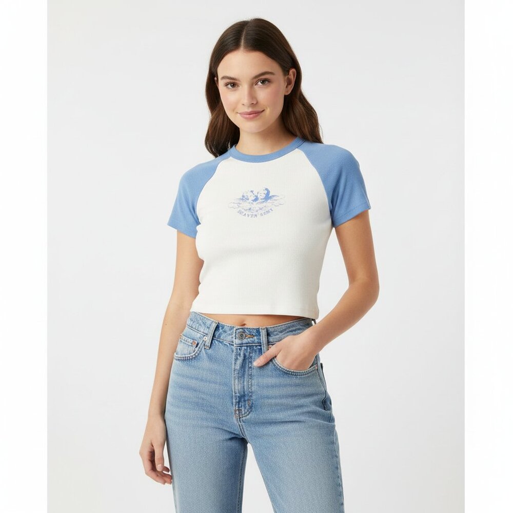 Brandy Melville Womens Blue Heaven Sent Cropped Baby‎ Tee One Size Ribbed Angel